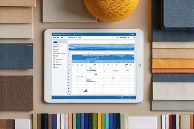 Calendrier de projet et échantillons de matériaux posés sur une table.