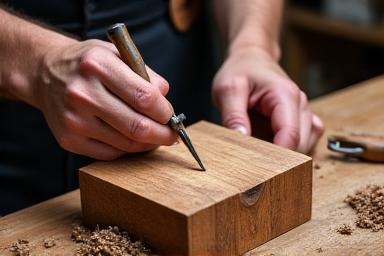 Artisan travaillant sur une pièce de bois noble dans un atelier.